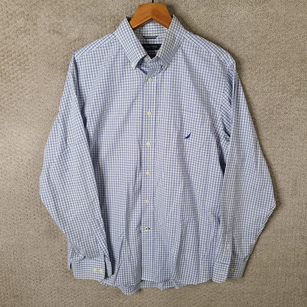 Nautica Shirt Mens Large Blue White Plaid Wrinkle Resistant Button Down Cotton
